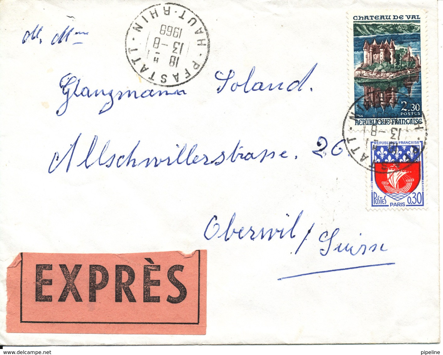 France Cover Sent Express To Switzerland Pfastatt 13-8-1968 - Covers & Documents