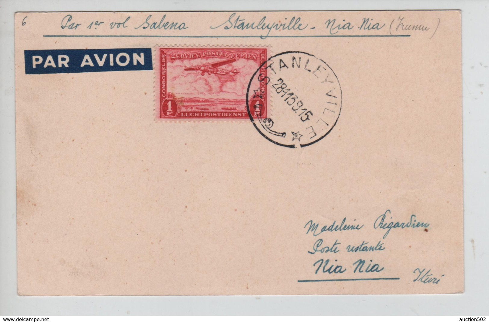 PR7329/ TPA 8 S/CP 1er Vol Sabena Stanleyville-Nia Nia (Irumu) C.Stanleyville 28/11/1939 > Nia Nia Ituri C.Irumu - Lettres & Documents