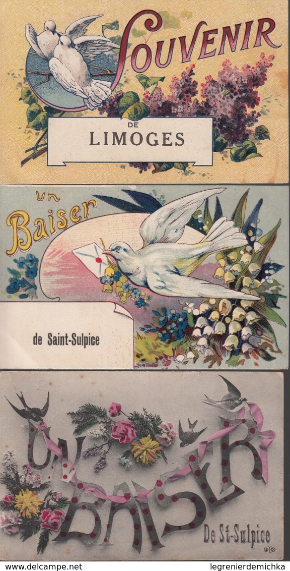 LOT De 7 CPA FANTAISIE Hirondelles Colombes - Baiser AUXONNE AUGY SAINT-SULPICE - Souvenir LIMOGES MAILLY LE CAMP NICE - Autres & Non Classés