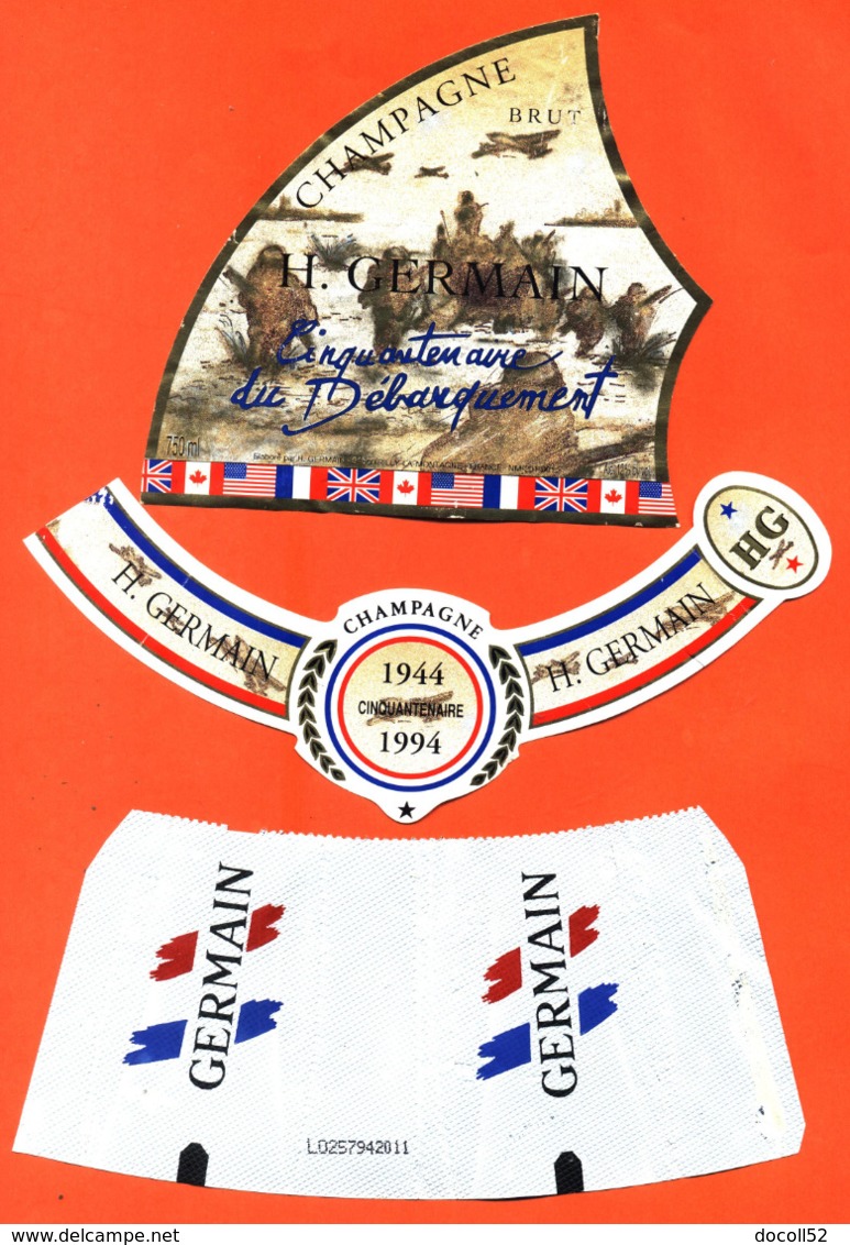 étiquette + Collerette + Col De Champagne Brut Cinquantenaire Du Débarquement 1944/1994 H Germain à Rilly La Montagne - Militaire