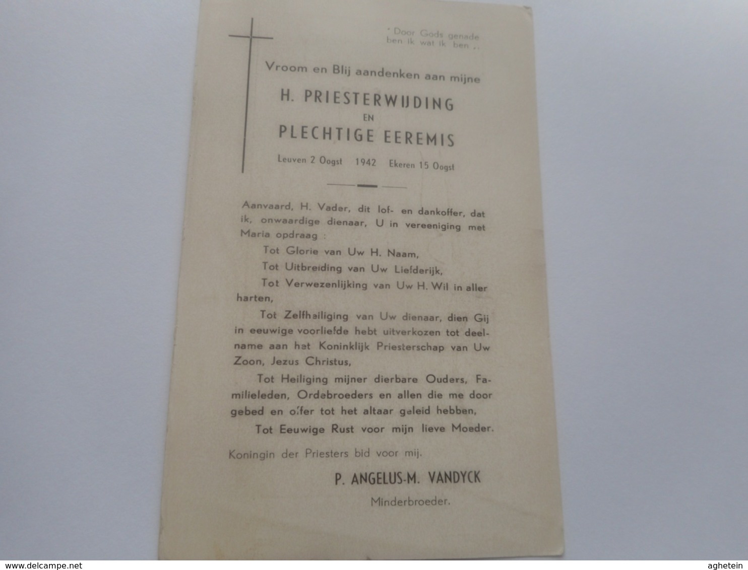 DEVOTIIE-H.PRIESTERWIJDING  ENEEREMIS LEUVEN 2-8-EKEREN 15-8-1942 P.ANGELUS .M.VANDYCK -MINDERBROEDER - Religione & Esoterismo