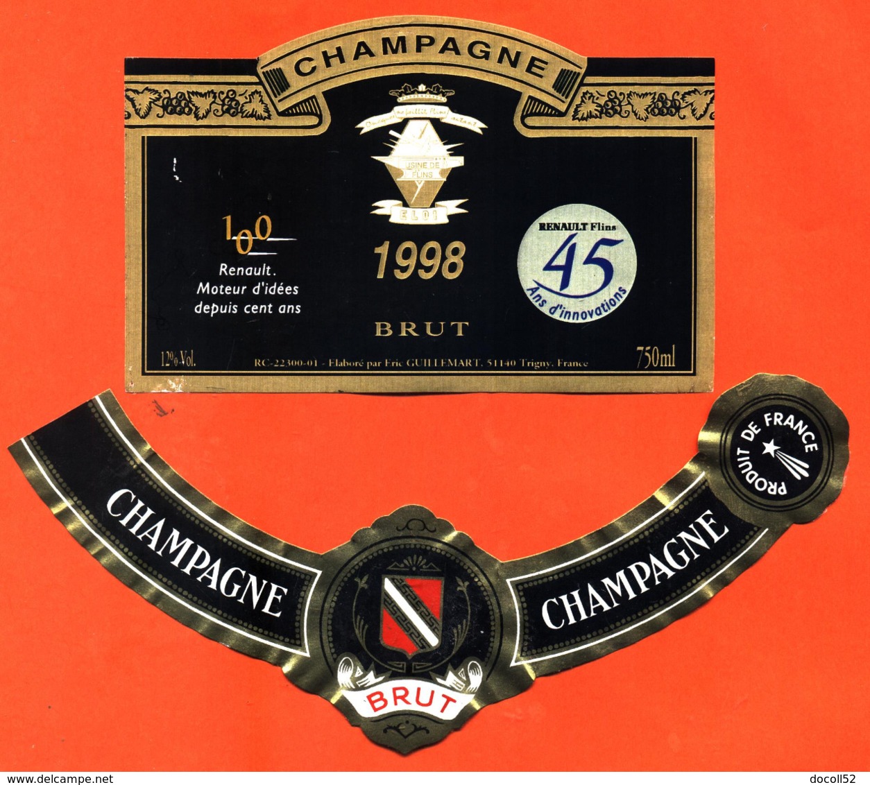 étiquette + Collerette De Champagne Brut Renault 45 Ans D'innivation 1998 Guillemart à Trigny - 75 Cl - Voitures