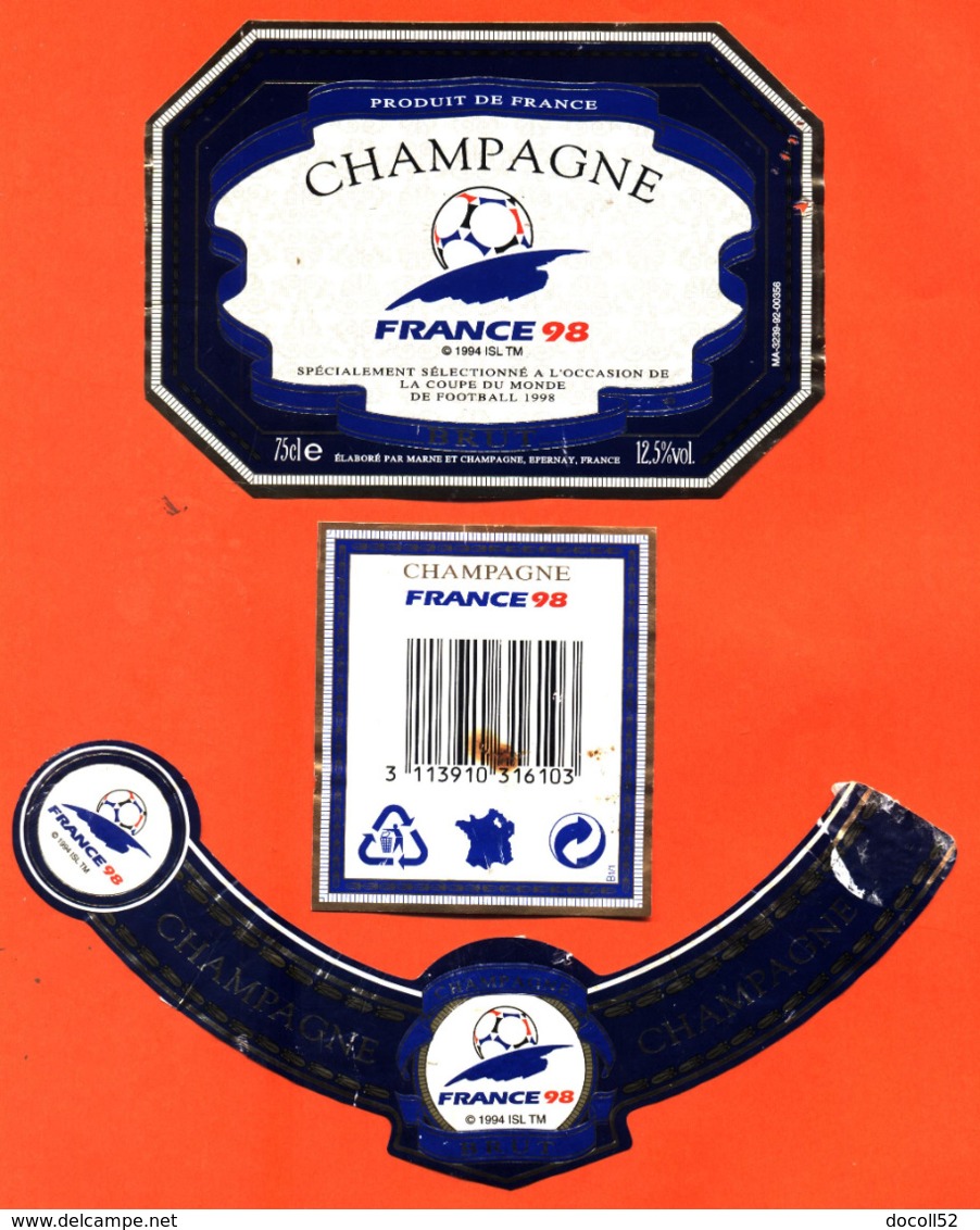 étiquette + Collerette De Champagne Brut Coupe Du Monde France 98 Marne Et Champagne à épernay - 75 Cl - Fussball