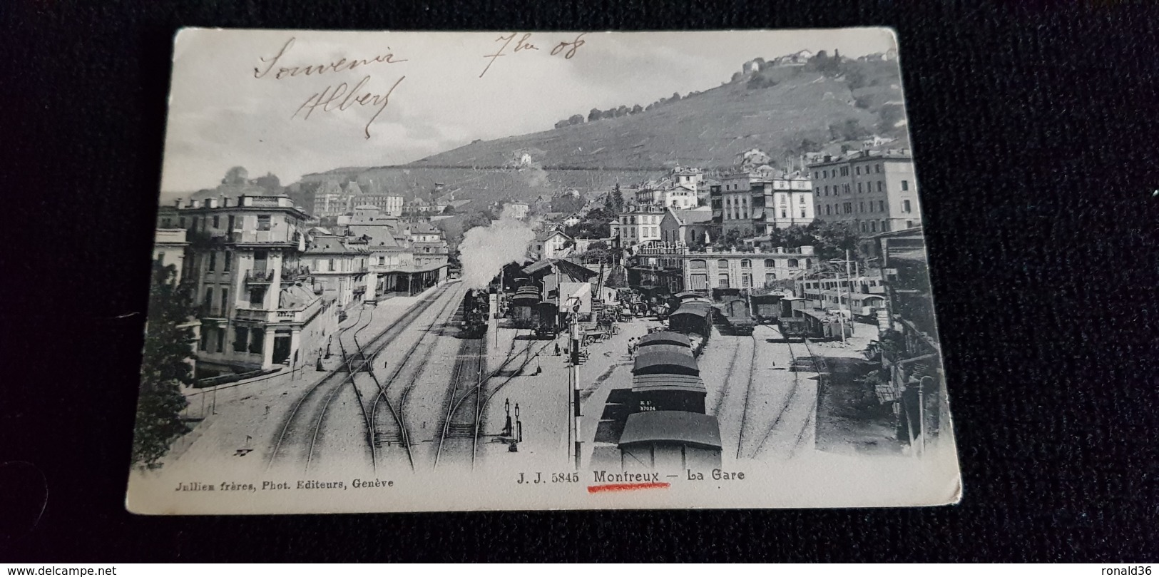 Cp SUISSE MONTREUX  La Gare Train Locomotive Ligne De Chemin De Fer Tramway Commerce Habitation Fiacre Cachet Ambulant 8 - Montreux