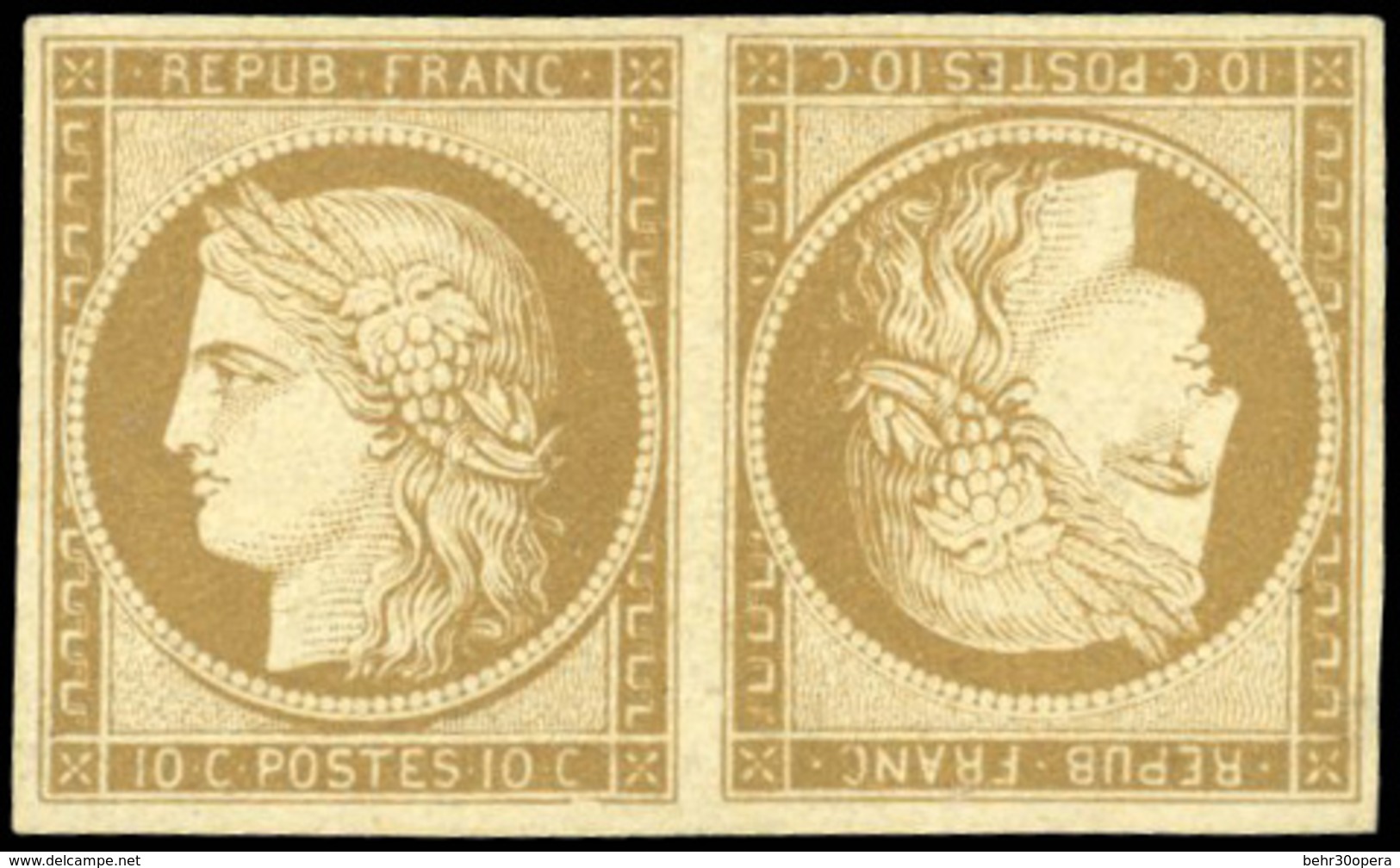 (*) N°1e, 10c. Bistre-verdâtre. Paire Tête-Bêche. Fraîcheur Exceptionnelle. 3 Pièces Connue. Ex Collection Bulinger, Cas - 1849-1850 Ceres