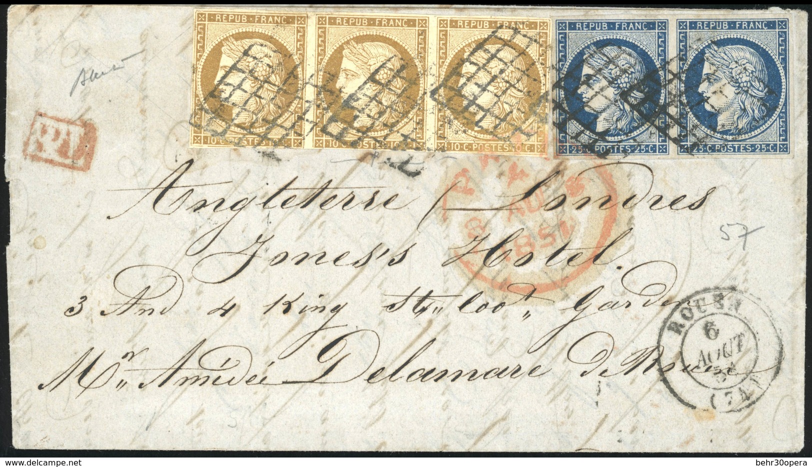 O N°1x 3 + 4 X 2, 10c. Bistre-jaune Bande De 3 + 25c. Bleu Paire Obl. Grille S/lettre Frappée Du CàD De ROUEN Du 6 Août  - 1849-1850 Cérès