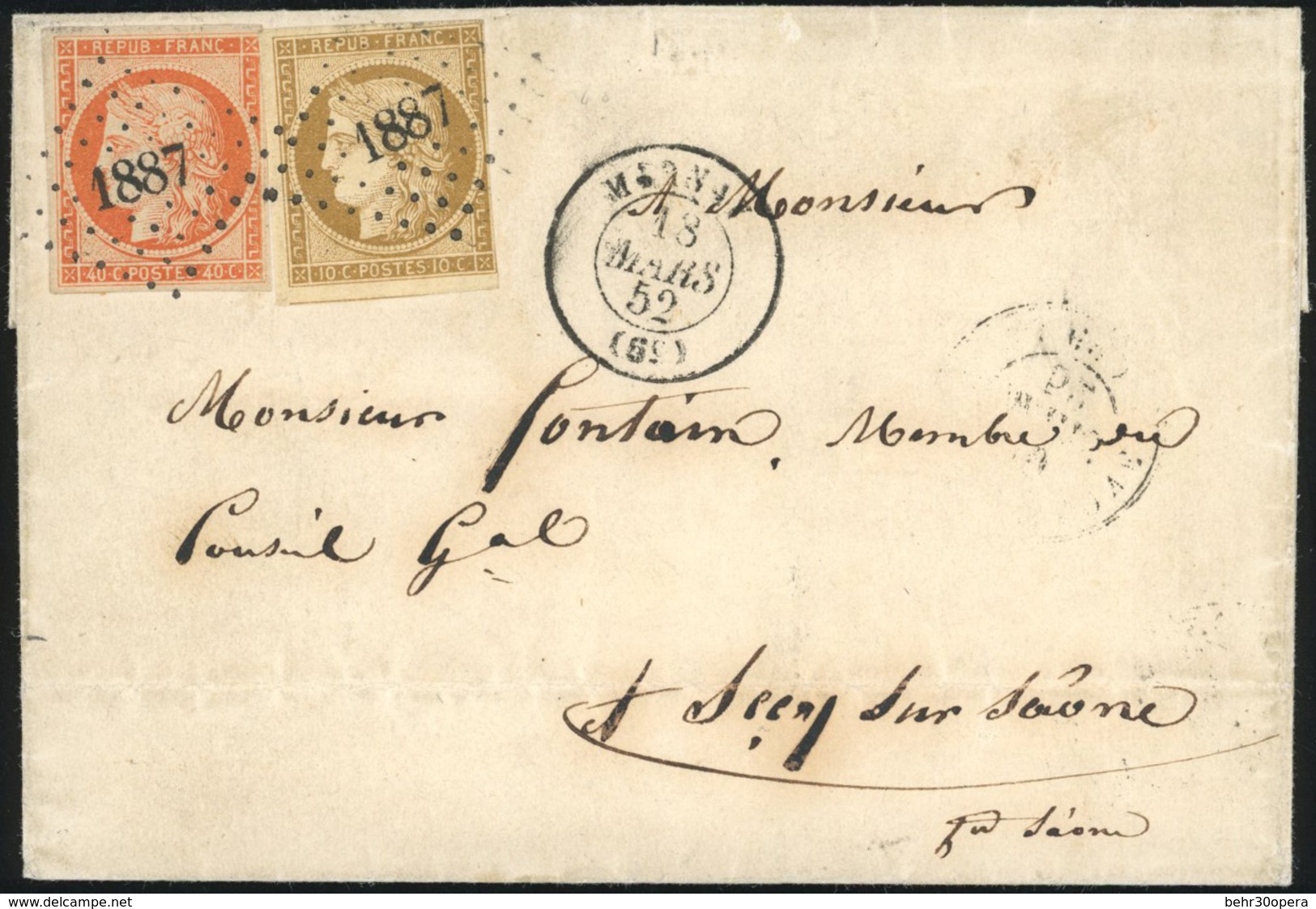 O N°15, 10c. Bistre-jaune (déf.) + 40c. Orange Obl. PC 1887 S/lettre Frappée Du CàD De MORNAY Du 18 Mars 1852 à Destinat - 1849-1850 Ceres