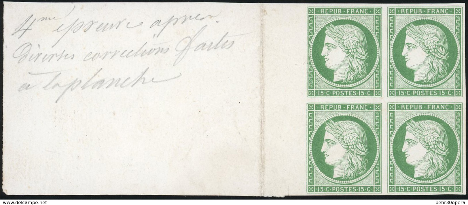 (*) N°2, Essai Du 15c. En Vert S/carton. Bloc De 4. Sans Teinte De Fond. Grand Bord De Feuille. SUP. - 1849-1850 Ceres