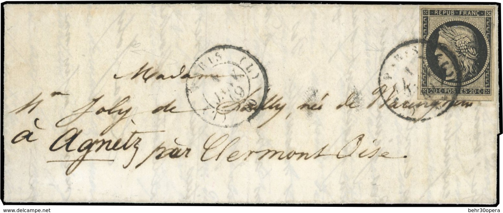 O N°3, 20c. Noir Obl. S/lettre Frappée Du CàD De PARIS 60 - Bureau L Du 1er Janvier 1849 à Destination D' AGNETZ - OISE. - 1849-1850 Ceres