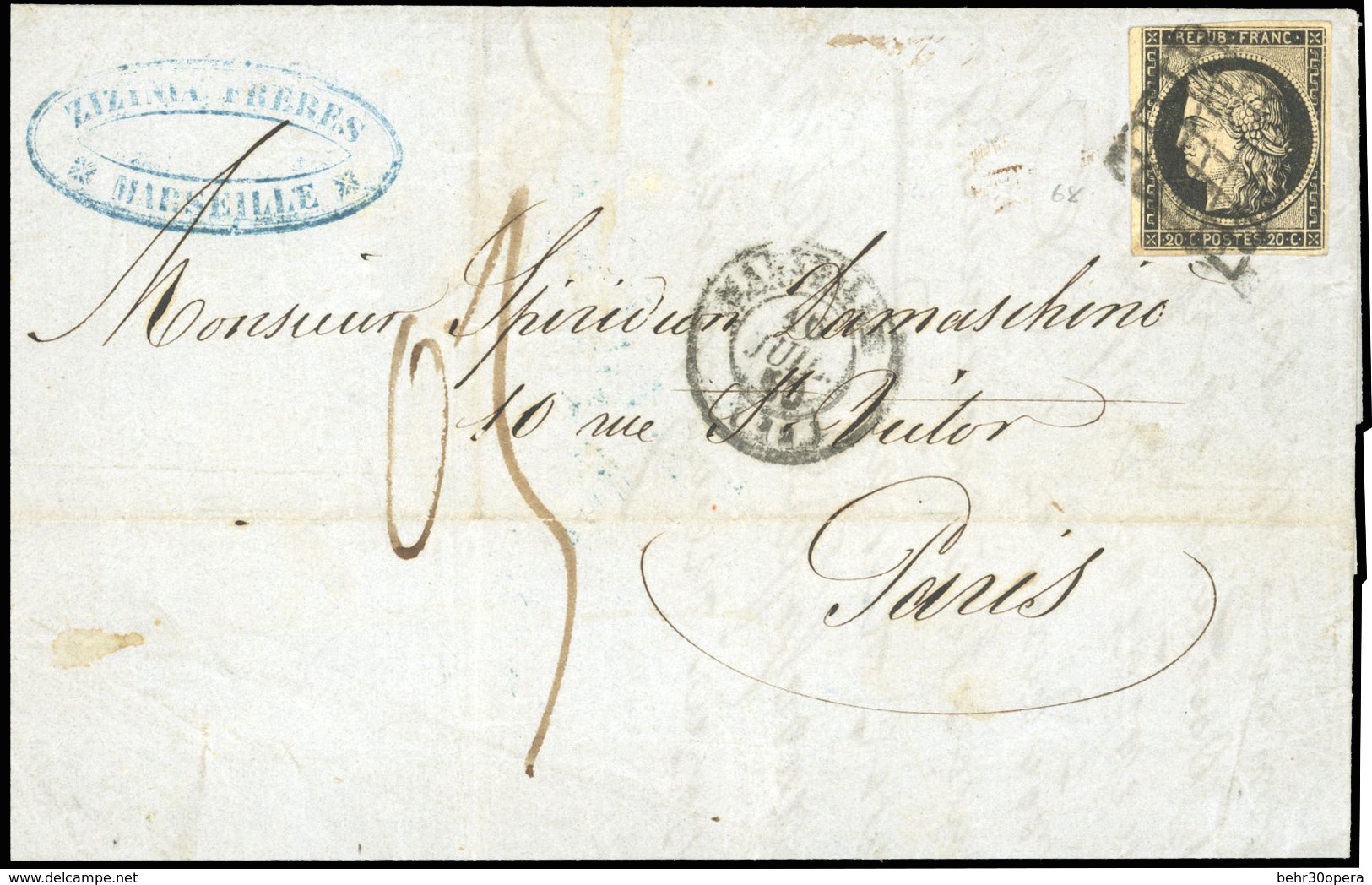 O N°3, 20c. Noir Obl. Grille S/lettre Frappée Du CàD De MARSEILLE Du 16 Juillet 1850 à Destination De PARIS. Lettre Avec - 1849-1850 Ceres