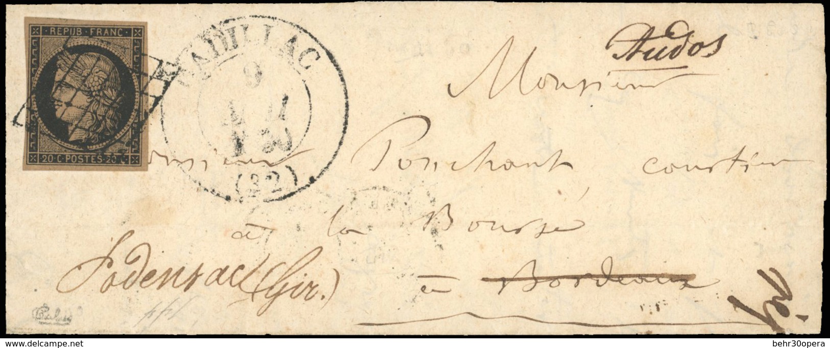 O N°3g, 20c. Noir S/chamois Très Foncé Obl. Grille S/lettre Frappée Du Grand CàD D'AURILLAC Du 9 Mai 1850 à Destination  - 1849-1850 Ceres