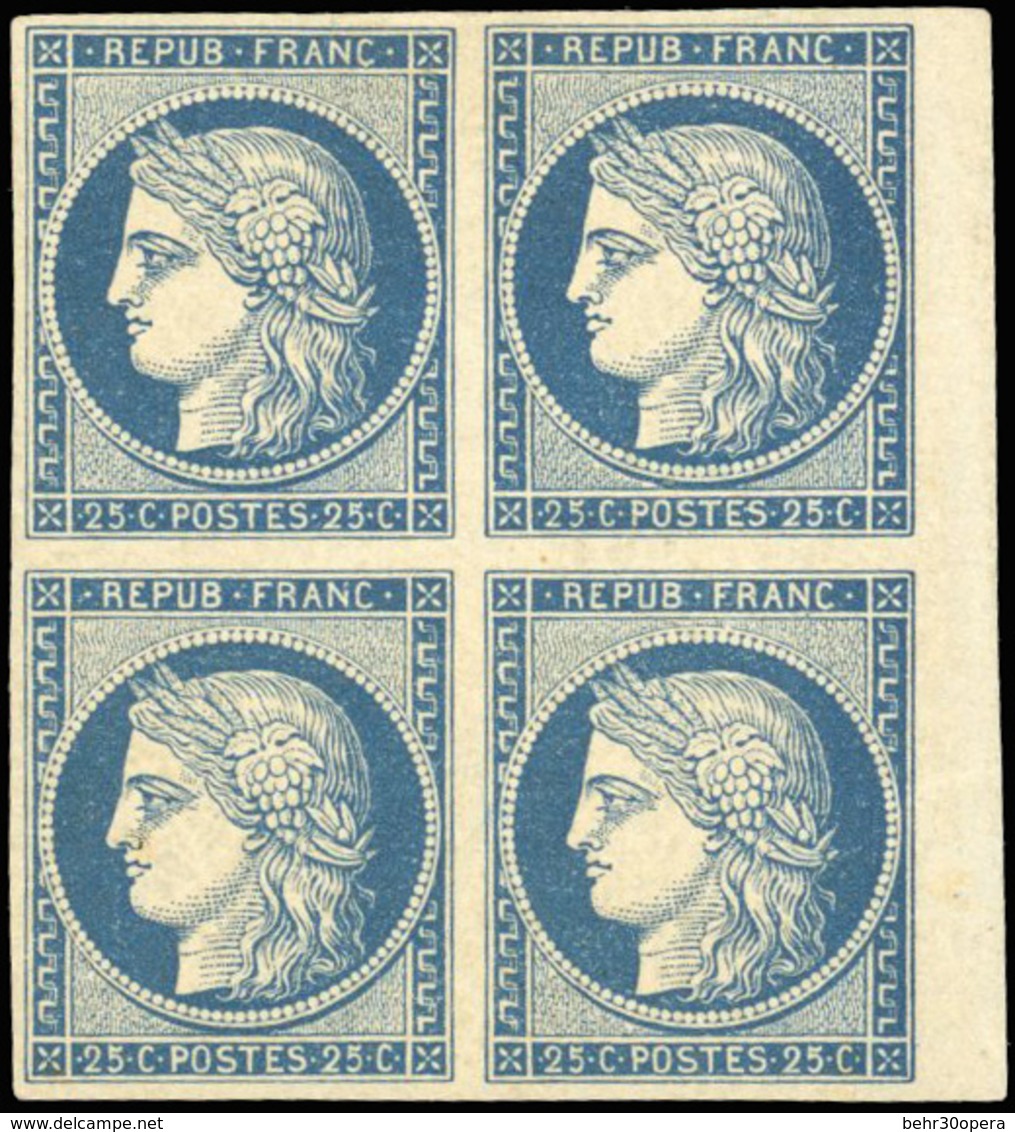 * N°4, 25c. Bleu. Bloc De 4. Bord De Feuille. Très Grande Fraîcheur. SUP. RR. - 1849-1850 Cérès