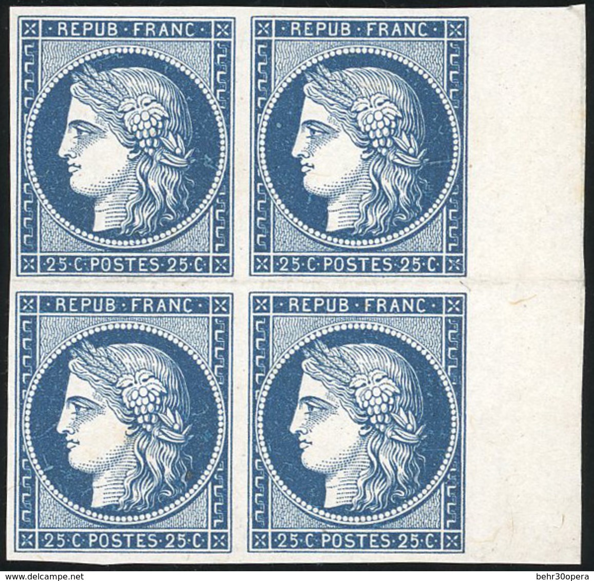 (*) N°4, 25c. Bleu Foncé. Bloc De 4. Pli Entre Les 2 Paires Horizontales. BdeF. B. - 1849-1850 Ceres