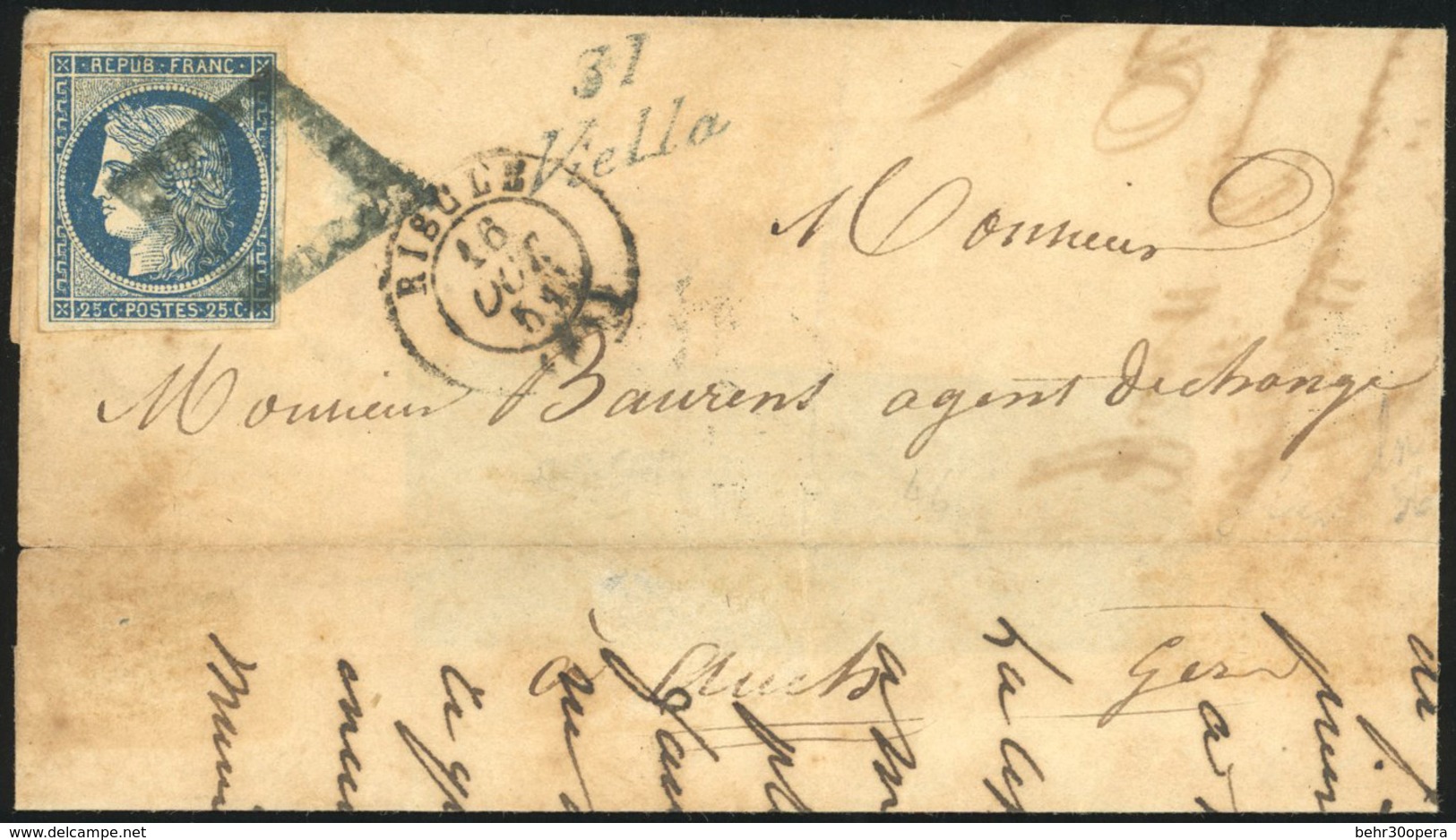 O N°4, 25c. Bleu Obl. Grille Spéciale De VIELLLA S/lettre Partielle Frappée De La Cursive ''31 Viella'' Et Du CàD De RIS - 1849-1850 Ceres