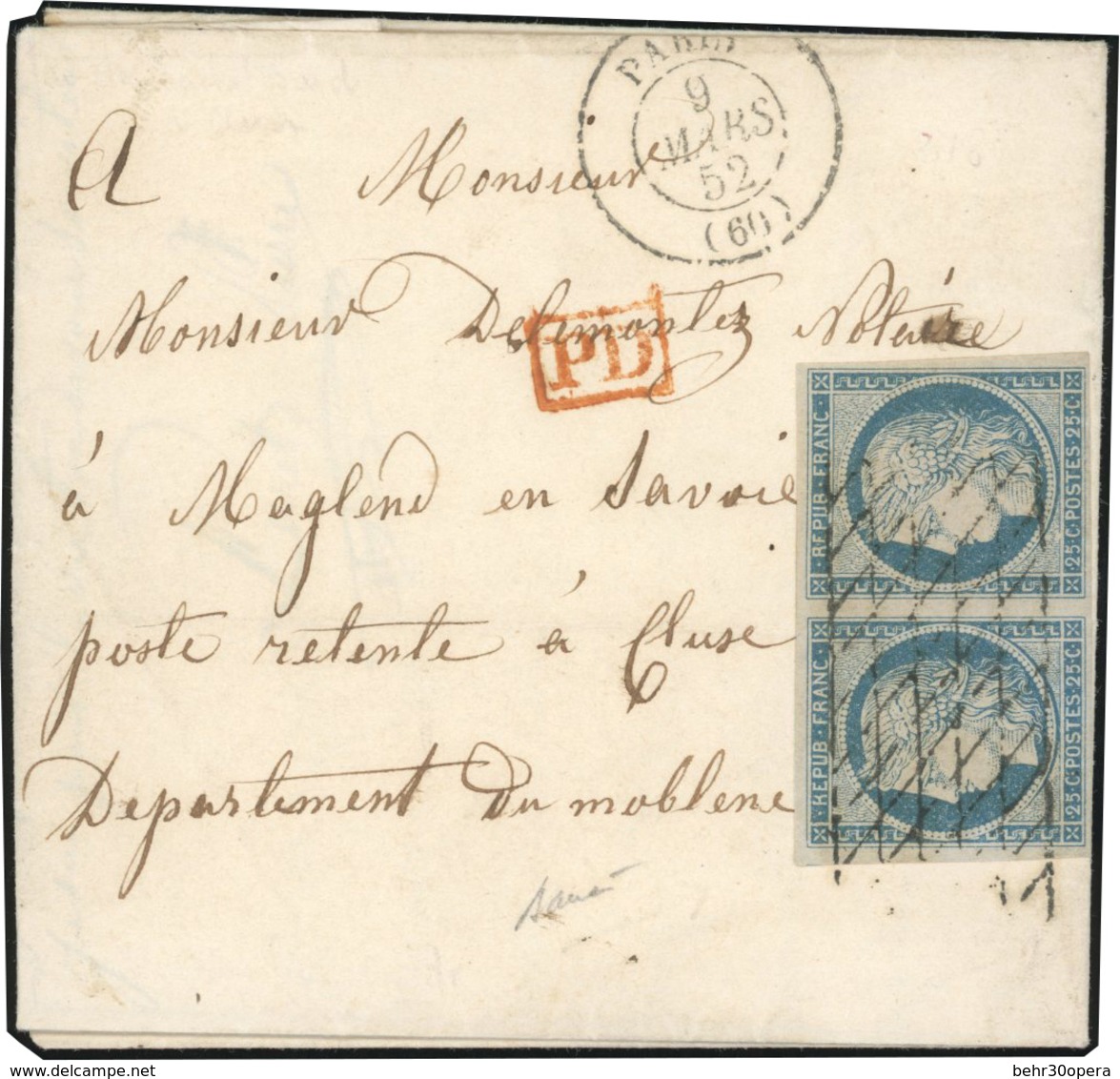 O N°4, 25c. Bleu, Paire Verticale, Obl. Grille Sans Fin S/lettre Frappée Du CàD De PARIS Du 9 Mars 1852 Et Du Cachet ''P - 1849-1850 Ceres