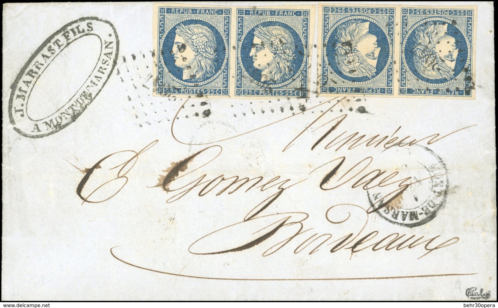 O N°4x4, 25c. Bleu. 2 Paires. Obl. P.C. 2047 Sur Lettre Frappée Du CàD De MONT DE MARSAN à Destination De BORDEAUX. Arri - 1849-1850 Cérès