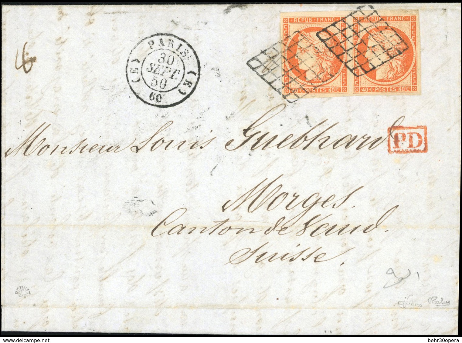 O N°5, Paire Du 40c. Orange Obl. Grille S/lettre Frappée Du CàD De PARIS 60 Bureau ''E'' Du 30 Septembre 1850 à Destinat - 1849-1850 Ceres