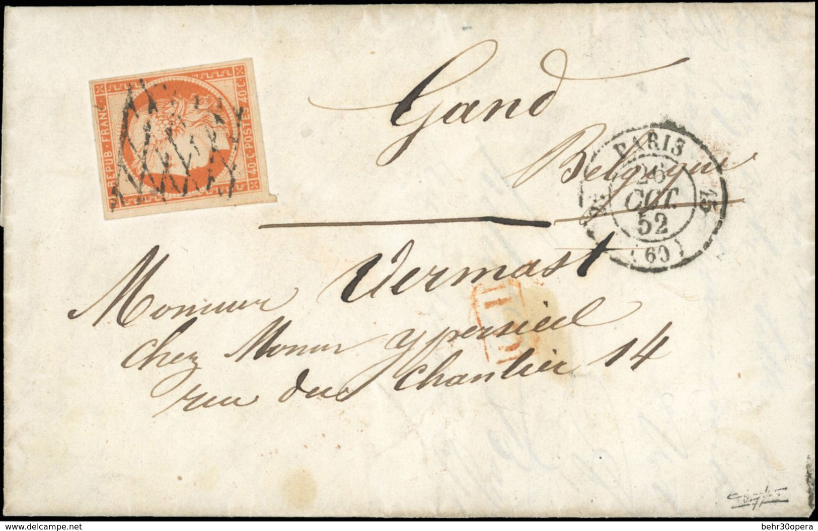 O N°5, 40c. Orange Obl. Grille Sans Fin S/lettre Frappée Du CàD De PARIS (60) Du 26 Octobre 1852 à Destination De GAND - - 1849-1850 Ceres