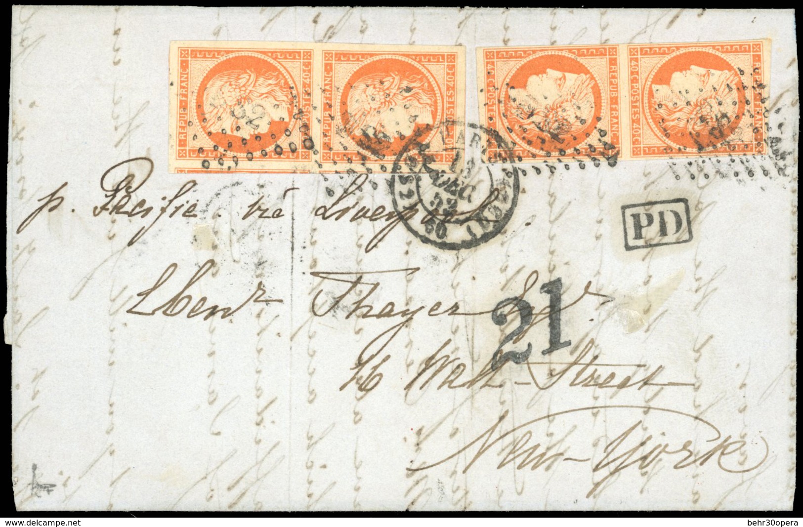 O N°5, 40c. Orange. 2 Paires Obl. Sur Lettre Frappée Du CàD De PARIS Du 13 DECEMBRE 1852 à Destination De NEW-YORK. Ense - 1849-1850 Ceres