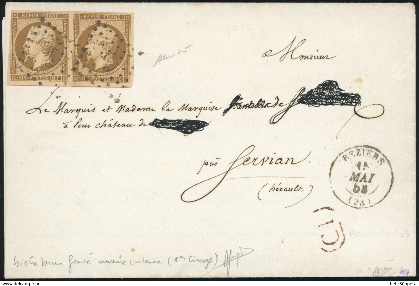 O N°9d, Paire Du 10c. Bistre-brun Foncé (amorce De 2 Voisins) Obl. PC 389 S/lettre Frappée Du CàD De BEZIERS Du 15 Mai 1 - 1852 Luis-Napoléon