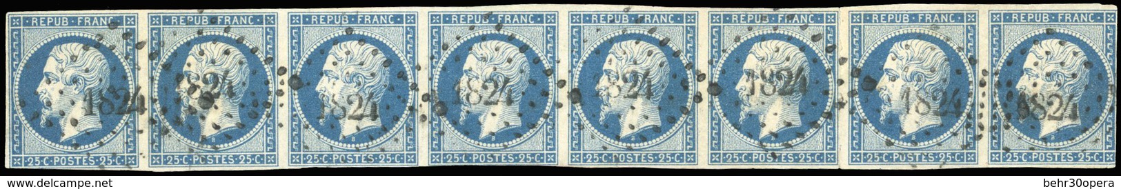 O N°10, Bande De 8 Du 25c. Obl. PC 1824. 2 Exemplaires Au Filet Touché Sinon Pièce De Référence. Peut-être La Plus Grand - 1852 Louis-Napoléon