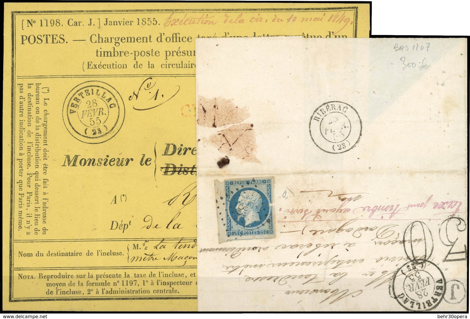 O N°10, 25c. Bleu S/lettre Frappée Du CàD De VERTEILLAC Du 28 Février 1855 Et à Destination De RIBERAC + Cachet De La Bo - 1852 Luis-Napoléon