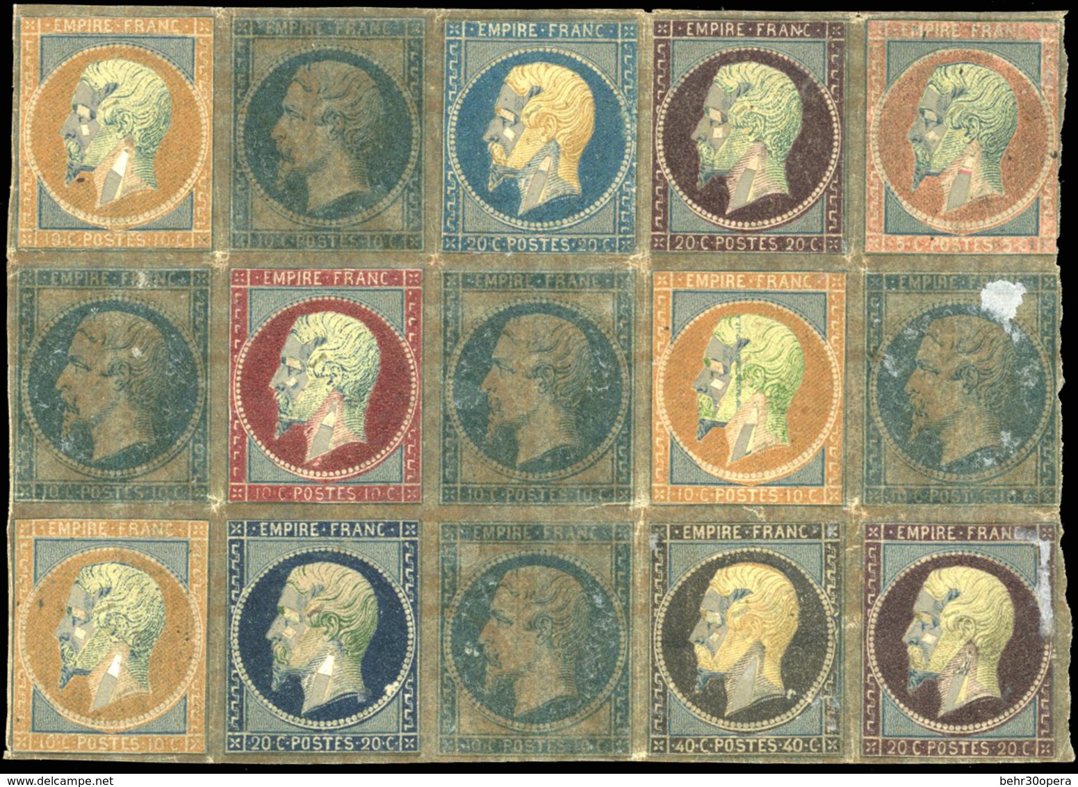 (*) Essai De Couleur Avec Découpures Par Coussinets D'impression. Bloc De 15 Avec Différentes Couleurs Et Valeurs. SUP.  - 1853-1860 Napoléon III