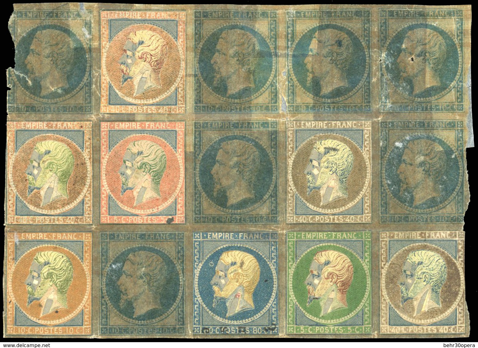 (*) Essai De Couleur Avec Découpures Par Coussinets D'impression. Bloc De 15 Avec Différentes Couleurs Et Valeurs. SUP.  - 1853-1860 Napoléon III