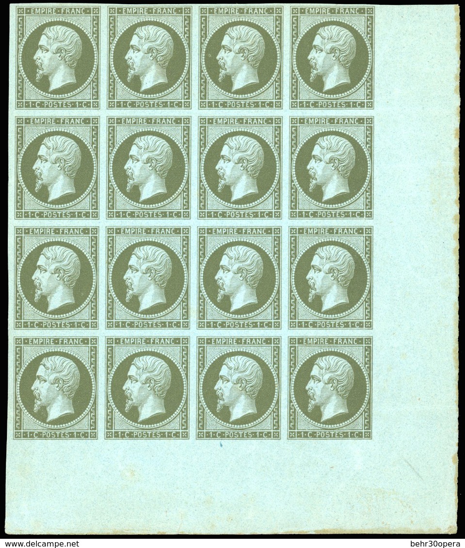 ** N°11, 1c. Olive. Bloc De 16. Coin De Feuille. Léger Pli D'archive. Fraîcheur Postale. TB. R. - 1853-1860 Napoléon III
