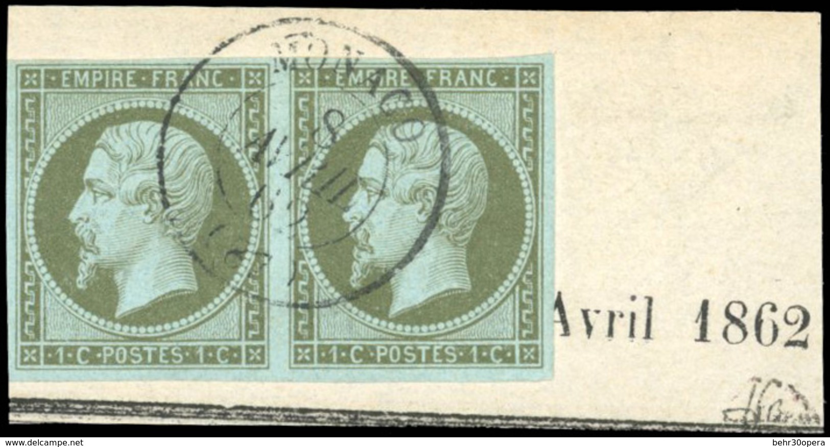 O N°11x 2, Paire Du 1c. Olive Obl. CàD S/petit Fragment + 2c. Rouge-brun Obl. CàD + 20c. Bleu Obl. GC. Tous Oblitérés De - 1853-1860 Napoléon III