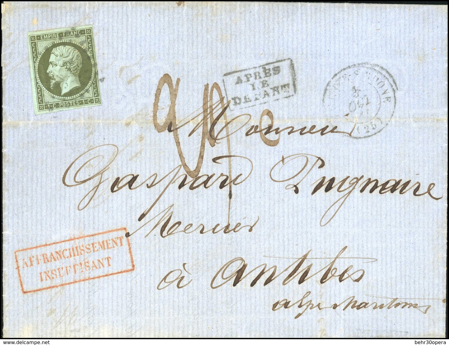 O N°11, 1c. Olive Obl. Losange S/lettre Frappée Du CàD De VALANCE-SUR-RHONE Du 3 Octobre 1861 à Destination D'ANTIBES. L - 1853-1860 Napoléon III