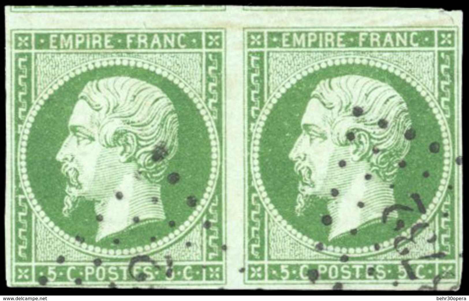 O N°12, 5c. Vert-jaune. Paire Obl. TB. - 1853-1860 Napoleon III