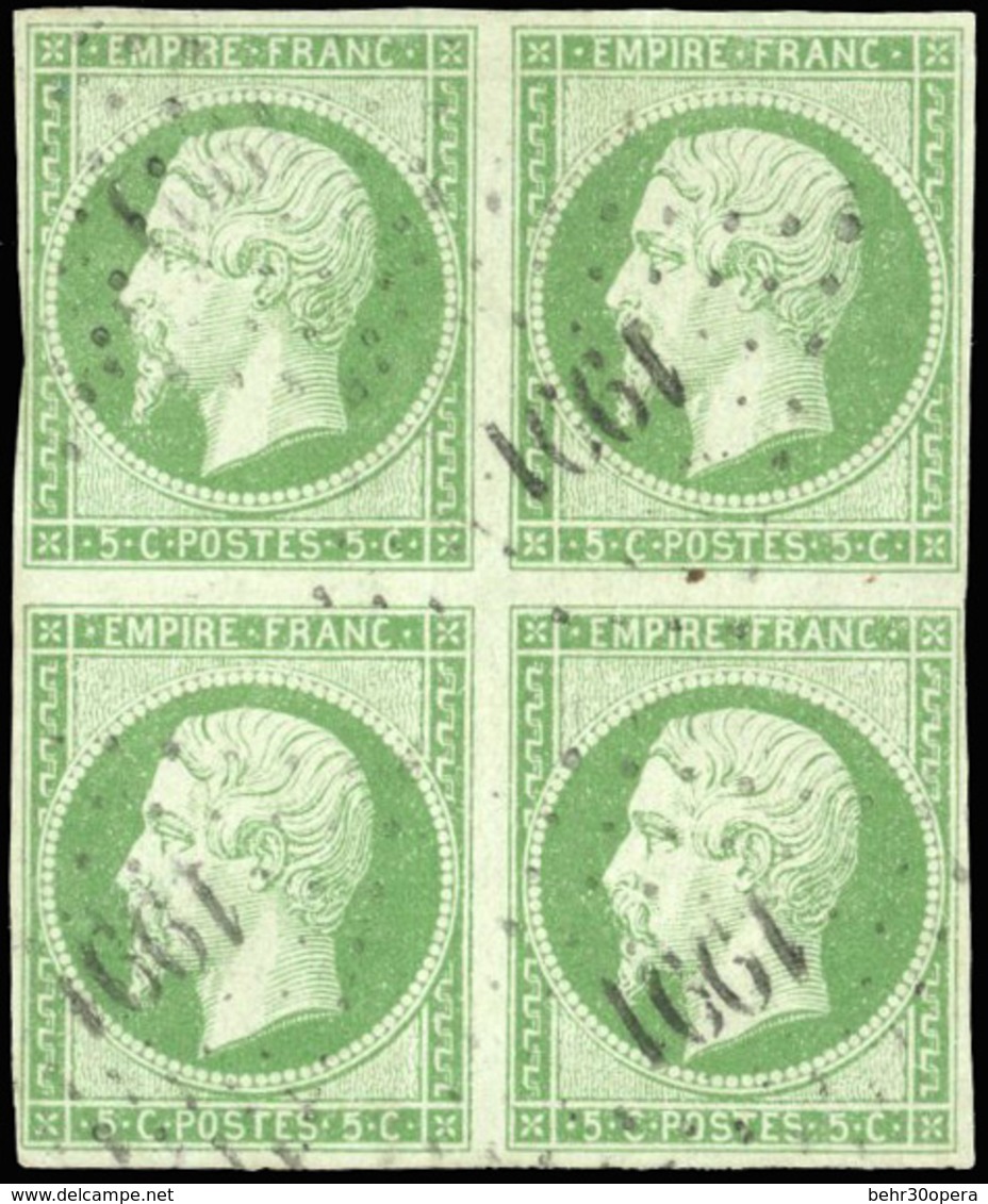 O N°12, 5c. Vert. Bloc De 4. Oblitération Légère. Aminci S/paire Supérieure Sinon TB. - 1853-1860 Napoléon III