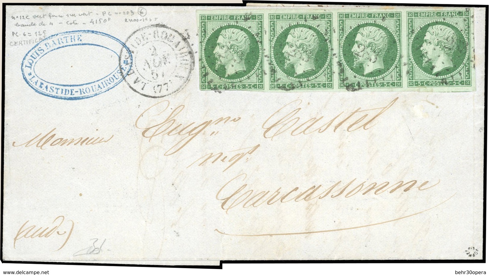 O N°12c, 5c. Vert Foncé Sur Fond De Sureté Vert. Bande De 4 Dont Un Exemplaire Avec Filet Légèrement Touché Obl. PC 283  - 1853-1860 Napoléon III