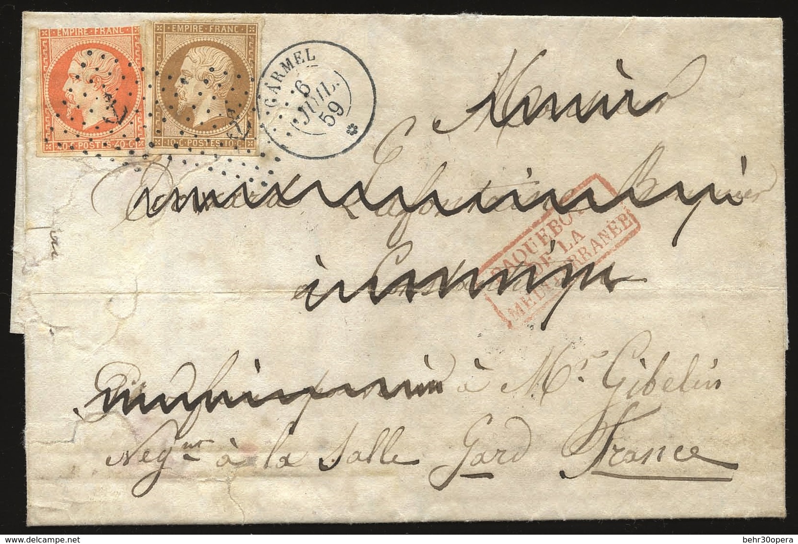 O N°1316, 10c. + 40c. (déf) Obl. Ancre S/lettre Frappée Du CàD PAQUEBOT CARMEL 6 Juillet 1859 à Destination De LA SALLE. - 1853-1860 Napoléon III