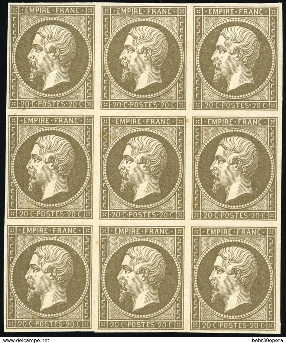 (*) N°14, 20c. Brun. Bloc De 9. Essai De Couleur. TB. - 1853-1860 Napoléon III