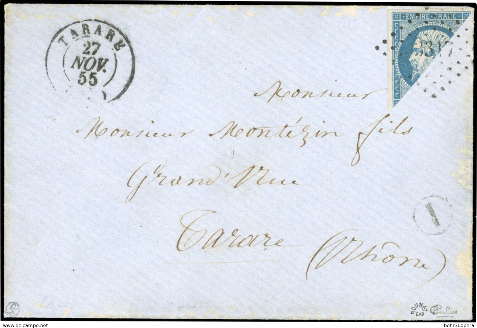O N°14, 20c. Bleu Coupé En Diagonal Obl. PC 3317 Sur Lettre Frappée Du CàD De TARARE Du 27 NOVEMBRE 1855 En Port Local.  - 1853-1860 Napoléon III