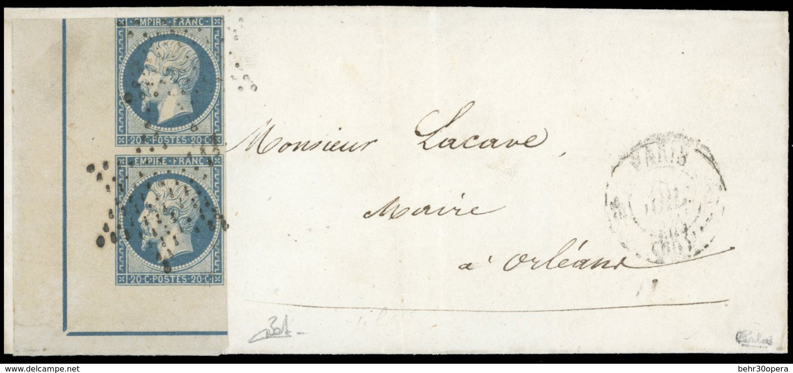 O N°14, 20c. Bleu. Paire Verticale CdeF Intégral Avec Filet D'encadrement Complet Obl. étoile Sur Lettre Frappée Du Càd  - 1853-1860 Napoléon III