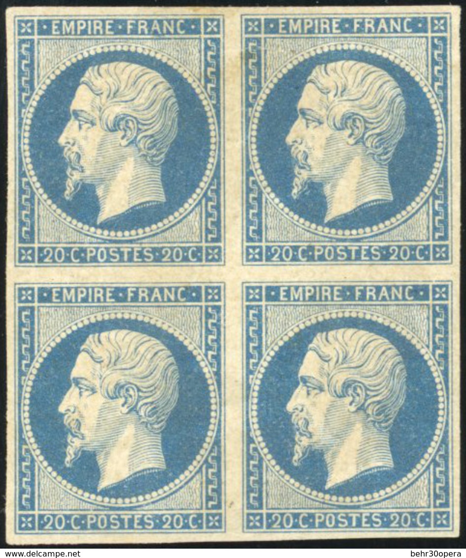 * N°14A, 20c. Bleu. Bloc De 4. Gomme Jaunie. Paire Inférieure **. Pli .TB. - 1853-1860 Napoléon III.