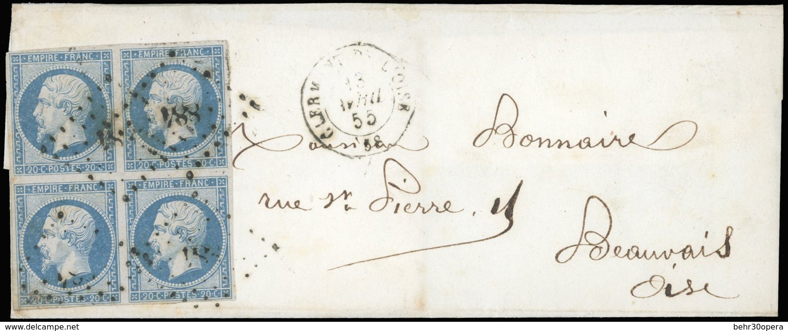 O N°14A, 20c. Bleu, Bloc De 4, Obl. PC 884, S/lettre Frappée Du CàD De CLERMONT DE L'OISE Du 13 Avril 1855 à Destination - 1853-1860 Napoléon III