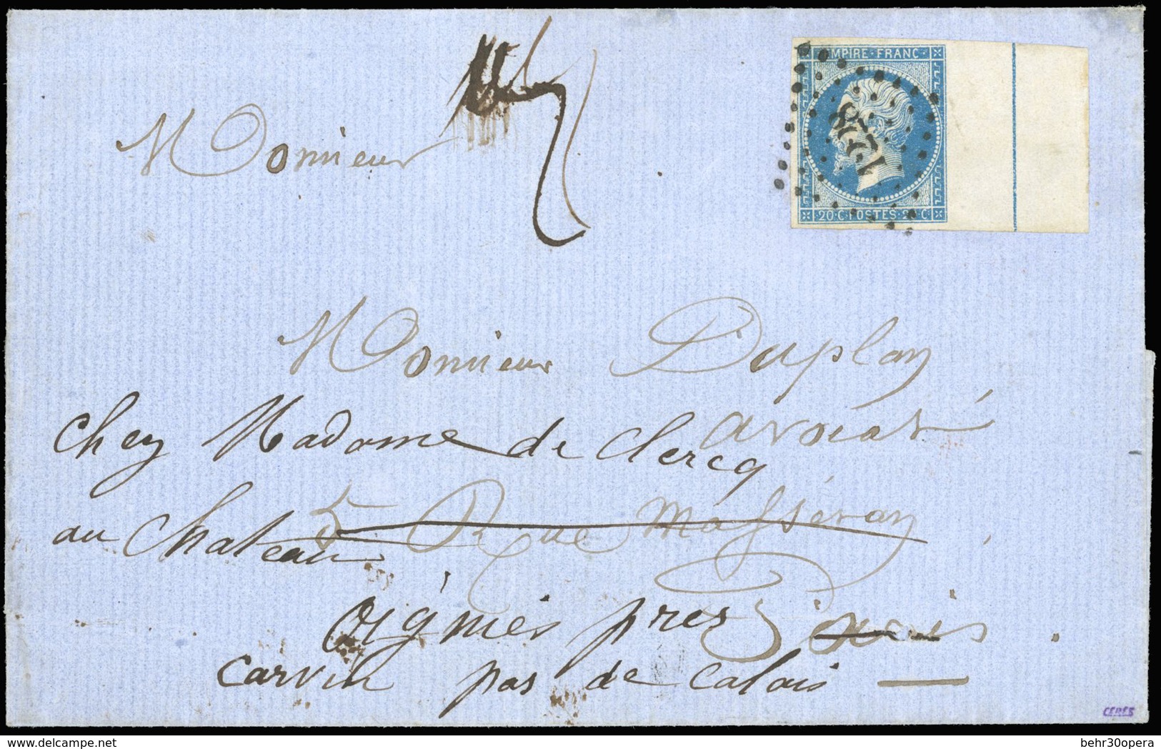 O N°14Ai, 20c. Bleu, Bord De Feuille Avec Filet D'encadrement, Obl. PC 1228 S/lettre à Destination De PARIS, Puis Réexpé - 1853-1860 Napoléon III