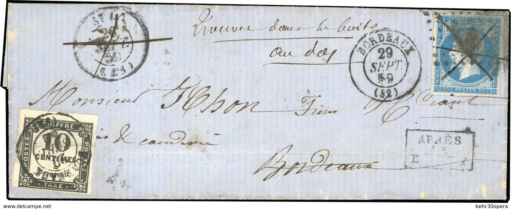 O N°14A + Taxe 2, 20c. Bleu Obl. Losange S/lettre Frappée Du CàD De ST-LO Du 26 Septembre 1859 à Destination De BORDEAUX - 1853-1860 Napoléon III