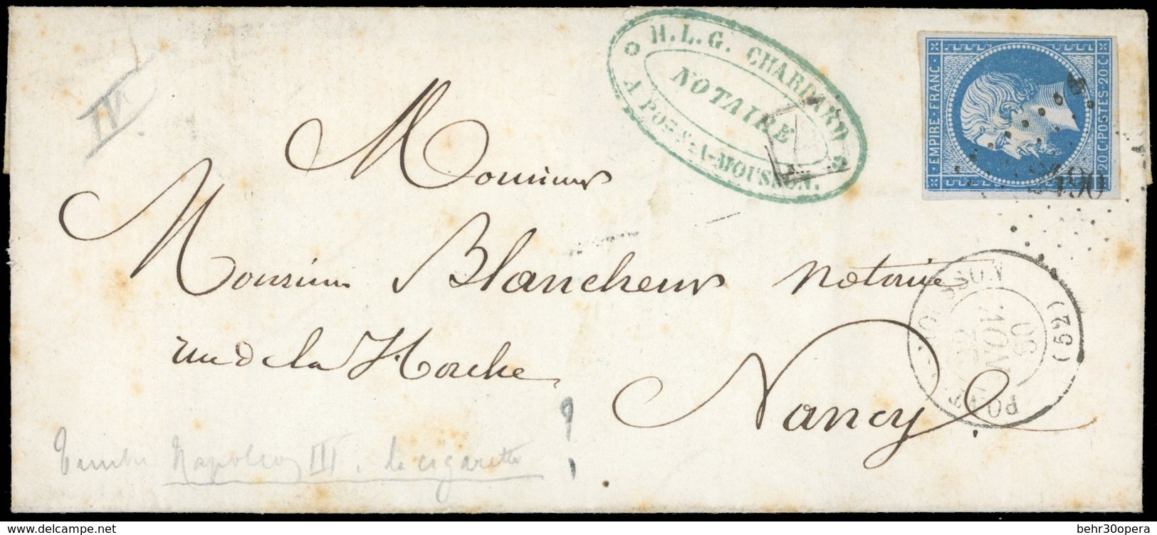 O N°14A, 20c. Bleu Variété à La Cigarette Obl. Sur Lettre Frappée Du CàD Du 22 NOVEMBRE 1860 à Destination De NANCY. TB. - 1853-1860 Napoléon III