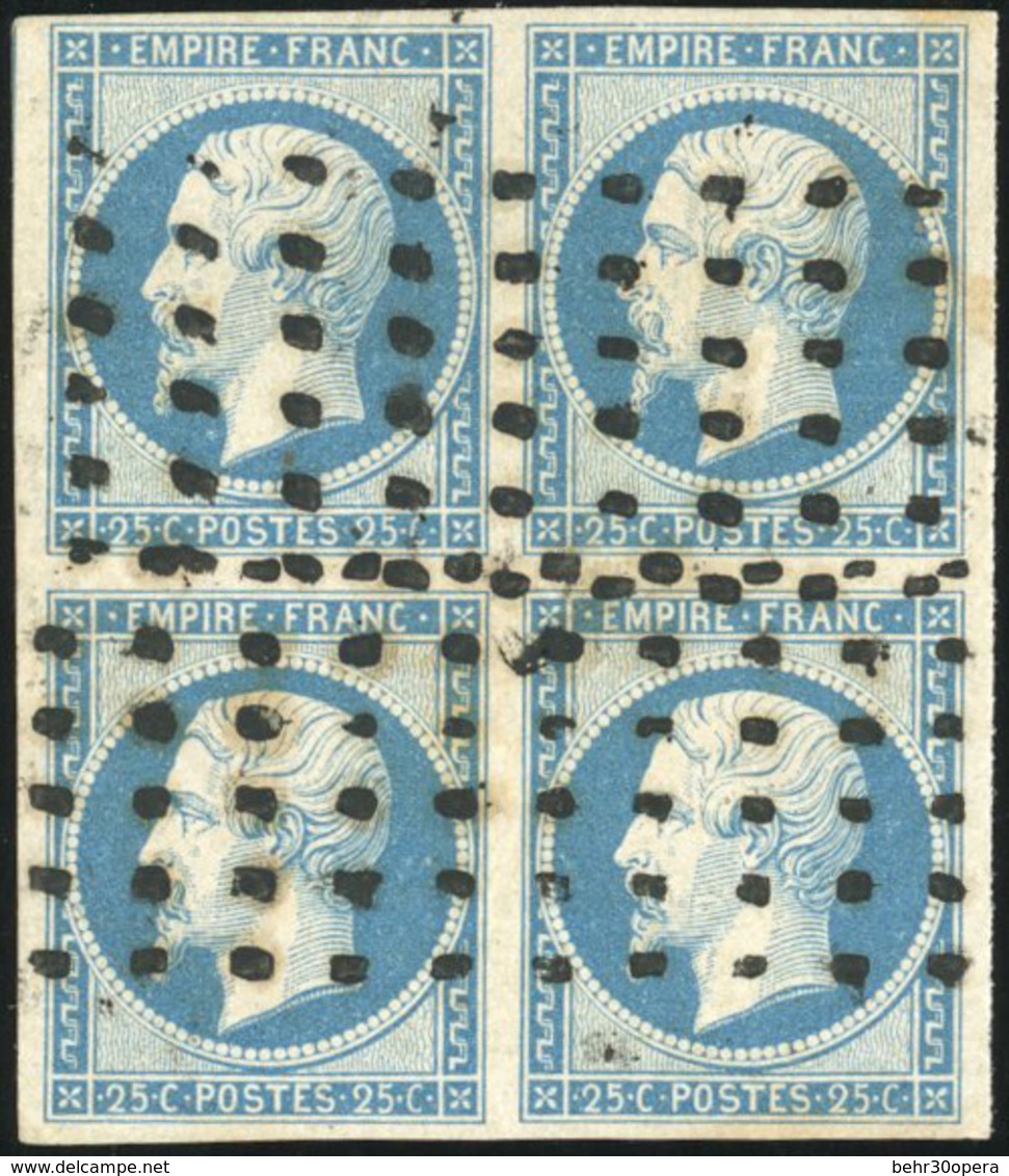 O N°15, 25c. Bleu. Bloc De 4. Obl. Gros Points. TB. - 1853-1860 Napoléon III