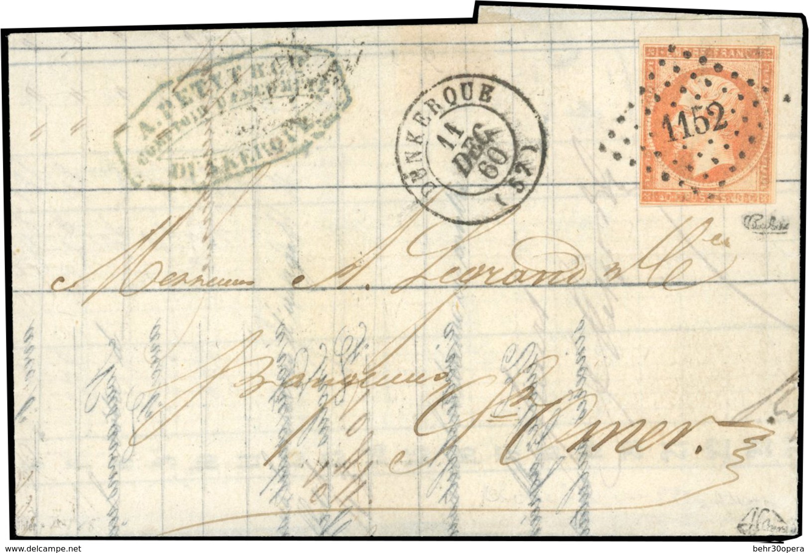 O N°16, 40c. Orange Obl. PC 1152 S/lettre Frappée Du CàD De DUNKERQUE Du 11 Décembre 1860 à Destination De ST-OMER. Timb - 1853-1860 Napoléon III