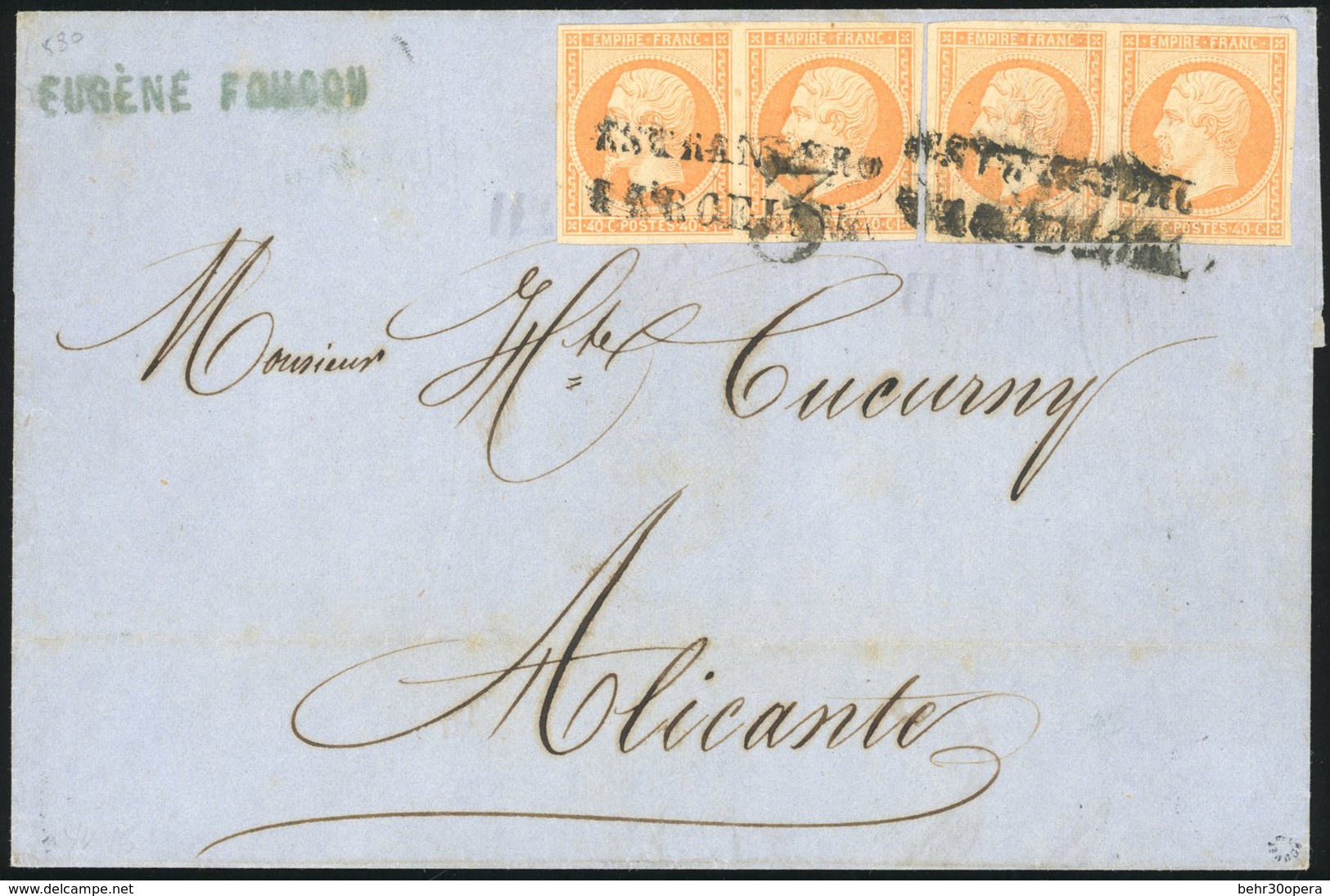 O N°16, 40c. Orange. 2 Paires. Obl. Sur Lettre Portant La Griffe ''ESTRANGERA/BARCELONA'' à Destiantion D'ALICANTE (Espa - 1853-1860 Napoléon III.