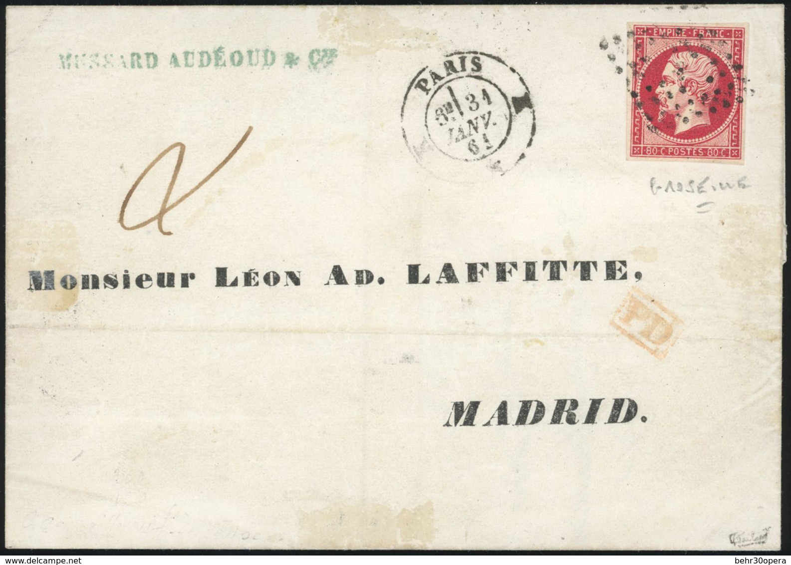 O N°17, 80c. Groseille. Nuance Exeptionnelle. Obl. Sur Lettre Frappée Du CàD De PARIS Du 31 Janvier 1861 à Destination D - 1853-1860 Napoléon III