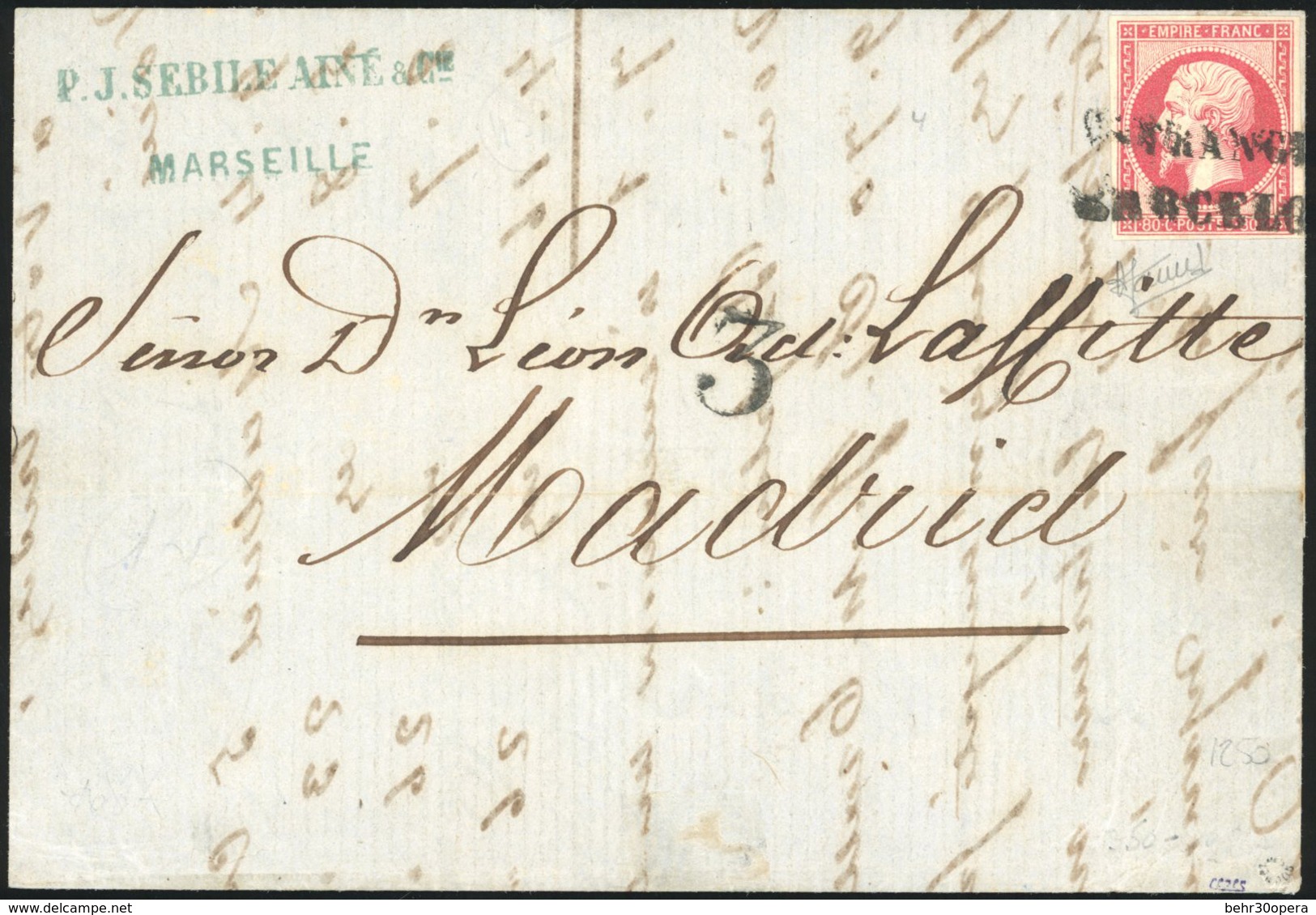 O N°17, 80c. Rose Obl. ESTRANGERO/BARCELONA S/lettre Manuscrite De MARSEILLE Du 3 Octobre 1861 à Destination De MADRID.  - 1853-1860 Napoléon III