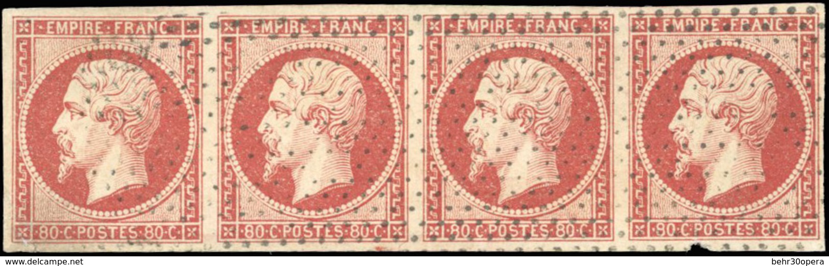 O N°17Ad, 80c. Vermillonné. Bande De 4 (1 Ex. Avec Déf.). Obl. Roulette De Petits Points. Couleur Caractéristique. Pièce - 1853-1860 Napoléon III