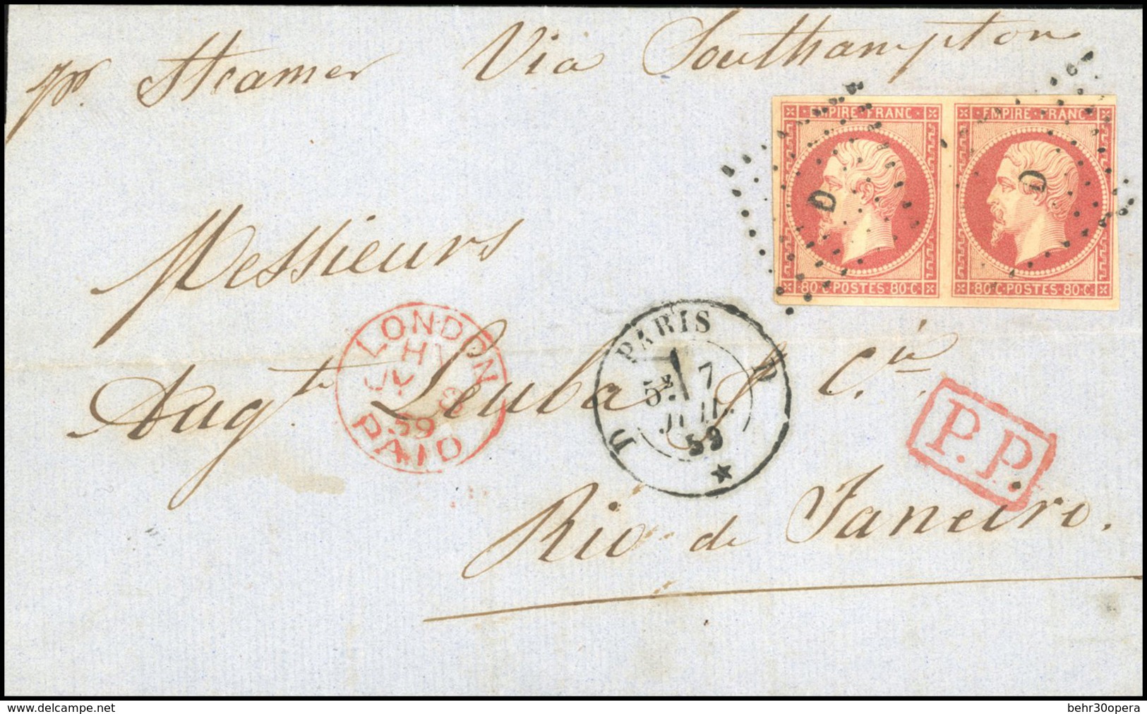 O N°17A, 80c. Carmin. Paire. Obl. ''D'' Sur Lettre Frappée Du CàD De PARIS - D Du 7 Juillet 1859 à Destination De RIO DE - 1853-1860 Napoléon III